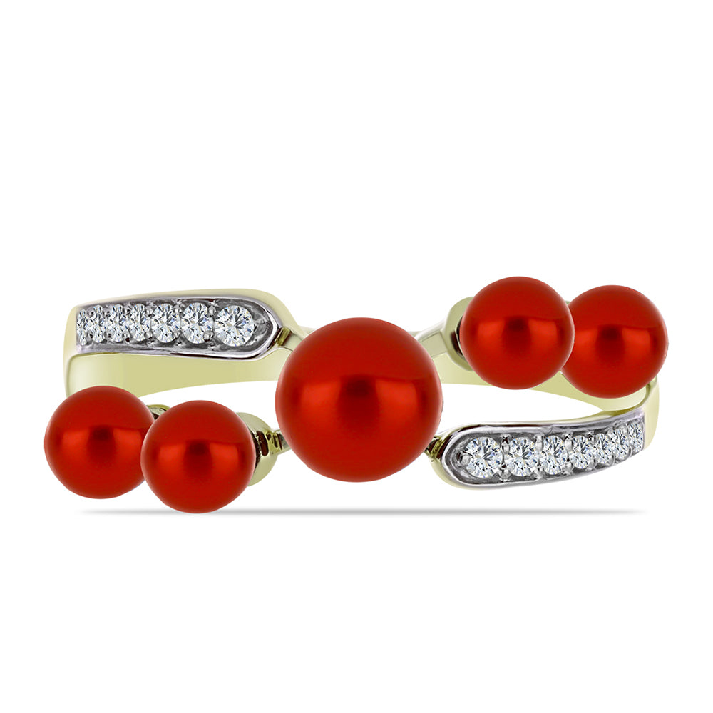 Pozlacené Stříbro 925/1000 - Prsten s Červená sladkovodní Perlou a Bílým Topazem - Karátové číslo: 2.94. přibližná hmotnost: 3.29 gramů