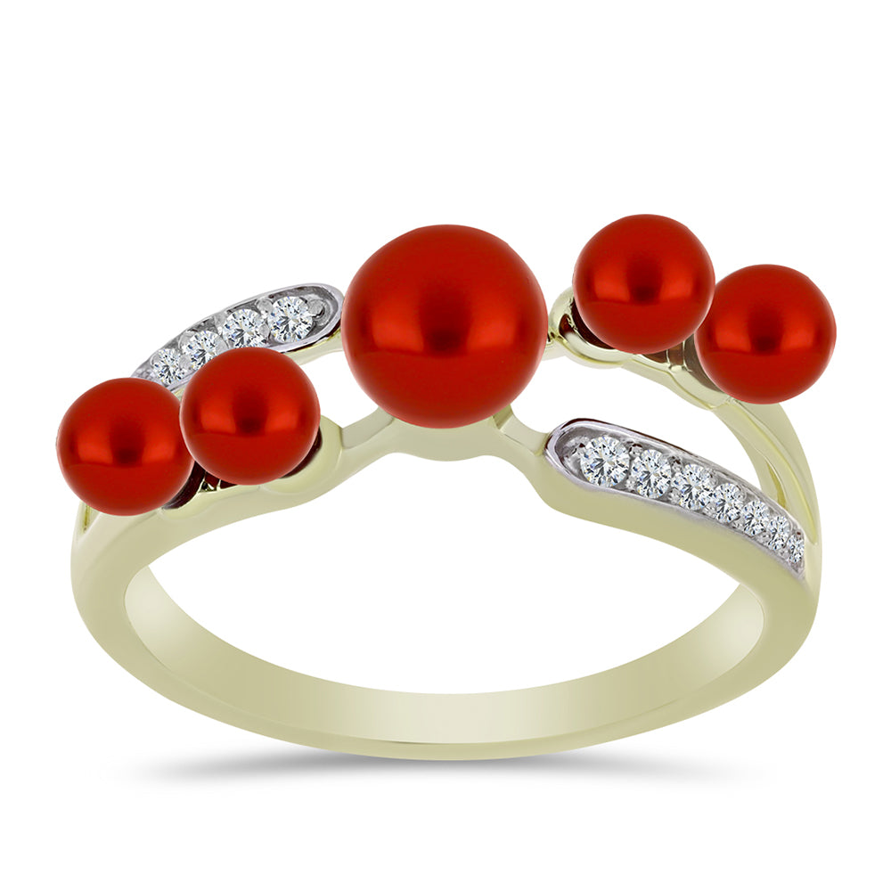 Pozlacené Stříbro 925/1000 - Prsten s Červená sladkovodní Perlou a Bílým Topazem - Karátové číslo: 2.94. přibližná hmotnost: 3.29 gramů