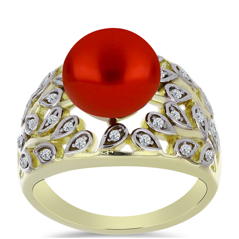 Pozlacený Stříbrný Prsten s Červená sladkovodní Perlou a Bílým Topazem