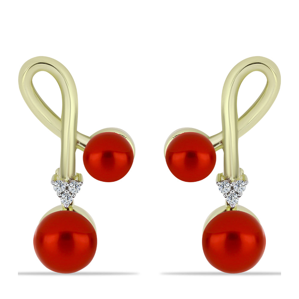 Pozlacené Stříbro 925/1000 - Náušnice s Červená sladkovodní Perlou a Bílým Topazem - Karátové číslo: 6.9. přibližná hmotnost: 6.72 gramů