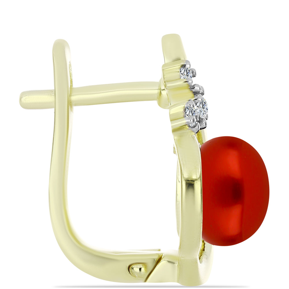 Pozlacené Stříbro 925/1000 - Náušnice s Červená sladkovodní Perlou a Bílým Topazem - Karátové číslo: 4.69. přibližná hmotnost: 5.75 gramů 2 