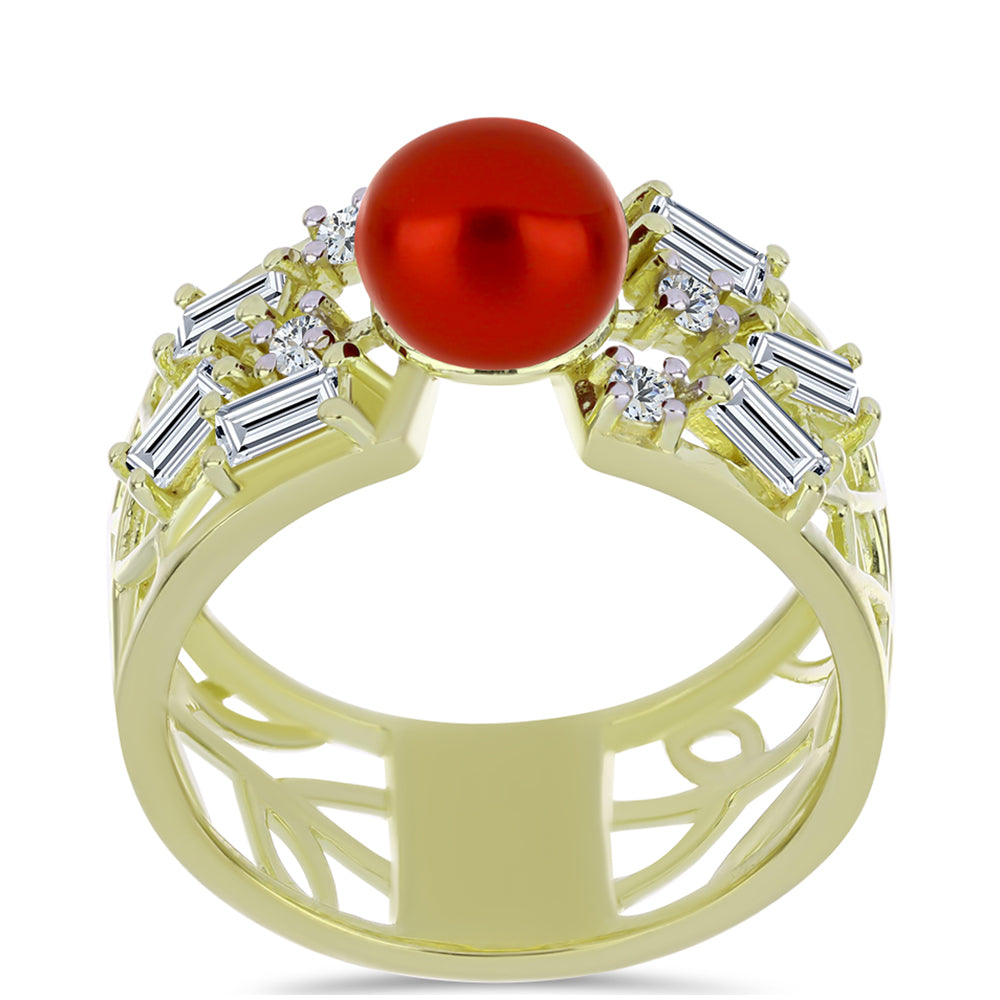 Pozlacené Stříbro 925/1000 - Prsten s Červená sladkovodní Perlou a Bílým Topazem - Karátové číslo: 3.11. přibližná hmotnost: 5.01 gramů