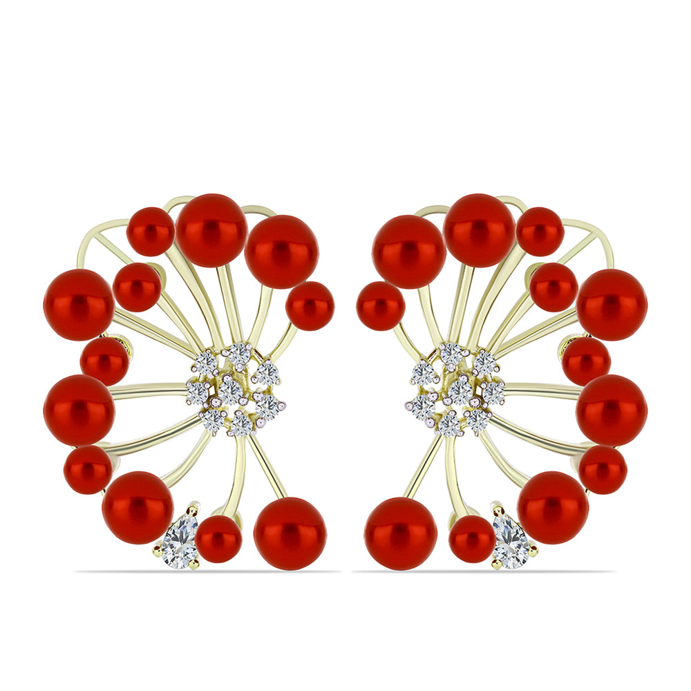 Pozlacené Stříbro 925/1000 - Náušnice s Červená sladkovodní Perlou a Bílým Topazem - Karátové číslo: 19.76. přibližná hmotnost: 12.64 gramů