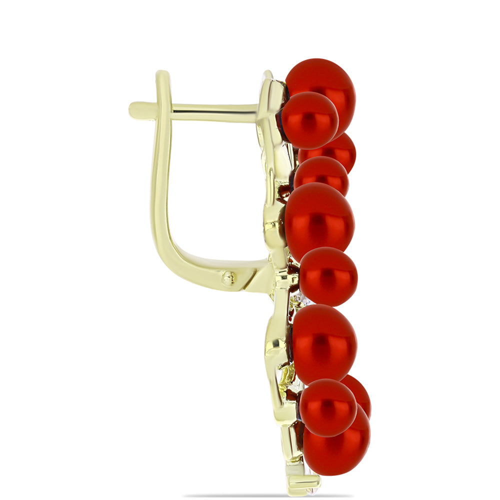 Pozlacené Stříbro 925/1000 - Náušnice s Červená sladkovodní Perlou a Bílým Topazem - Karátové číslo: 19.76. přibližná hmotnost: 12.64 gramů