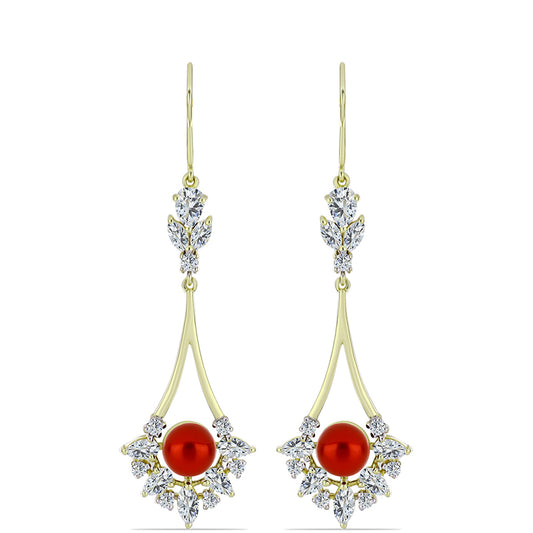 Pozlacené stříbro 925/1000 Náušnice s Červená sladkovodní Perlou a Bílým Topazem - Karátové číslo: 8.99. přibližná hmotnost: 8.95 gramů