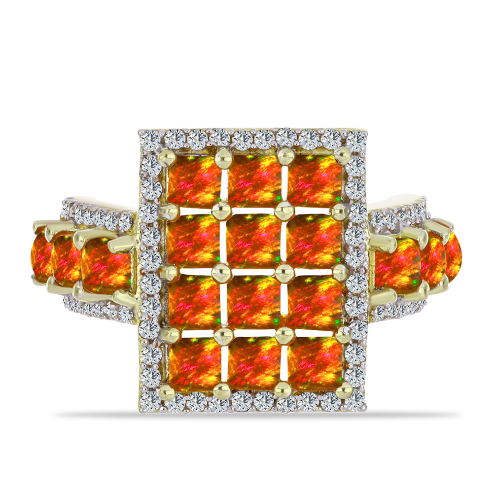 Pozlacené Stříbro 925/1000 - Prsten s Americkým Ohnivým Opálem a Bílým Topazem - Karátové číslo: 2.56. přibližná hmotnost: 6.75 gramů