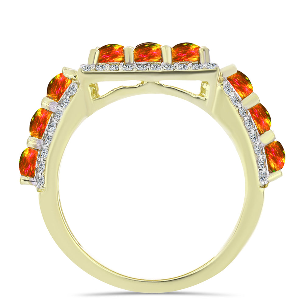 Pozlacené Stříbro 925/1000 - Prsten s Americkým Ohnivým Opálem a Bílým Topazem - Karátové číslo: 2.56. přibližná hmotnost: 6.75 gramů