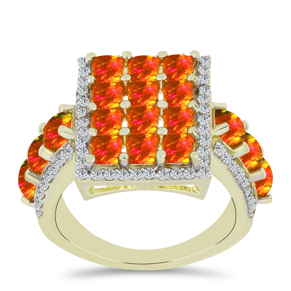 Pozlacené Stříbro 925/1000 - Prsten s Americkým Ohnivým Opálem a Bílým Topazem - Karátové číslo: 2.56. přibližná hmotnost: 6.75 gramů