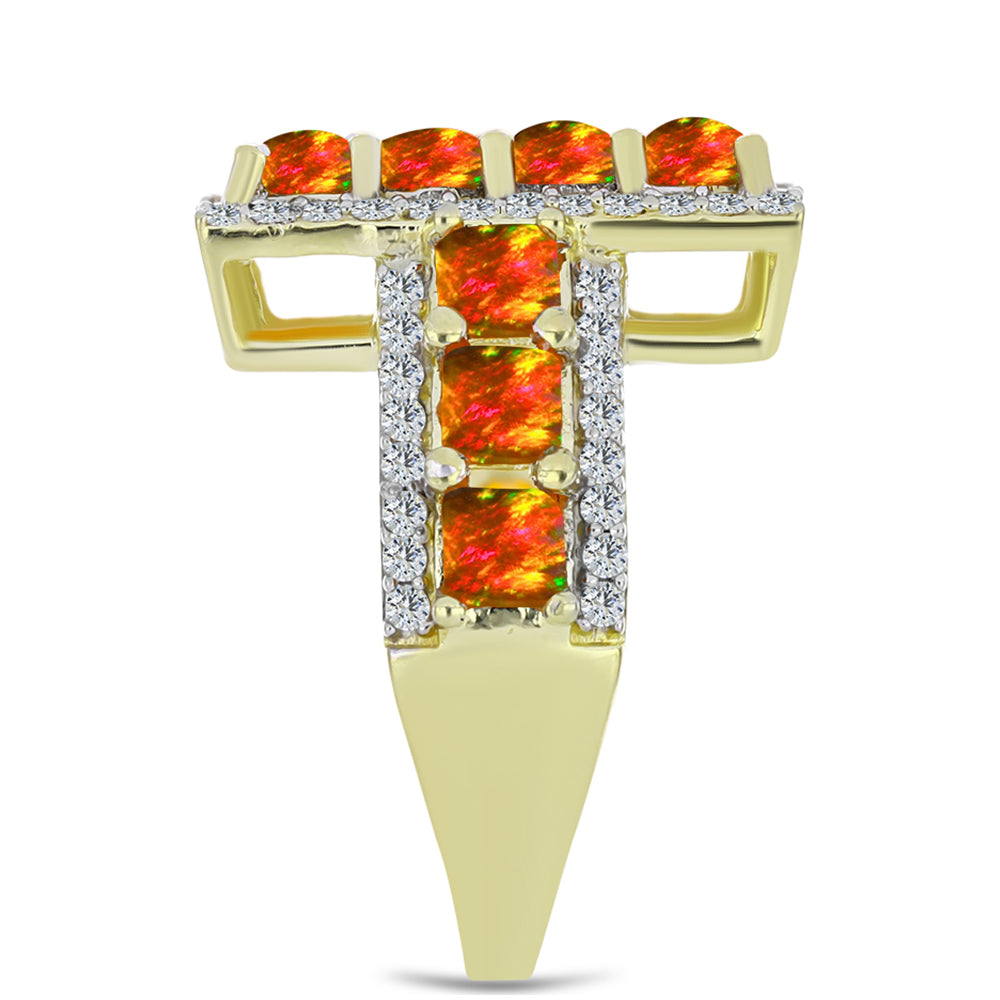 Pozlacené Stříbro 925/1000 - Prsten s Americkým Ohnivým Opálem a Bílým Topazem - Karátové číslo: 2.56. přibližná hmotnost: 6.75 gramů