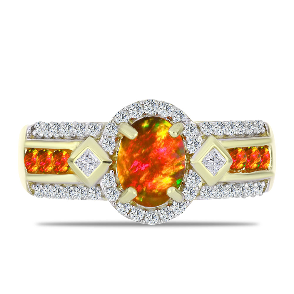 Pozlacené Stříbro 925/1000 - Prsten s Americkým Ohnivým Opálem a Bílým Topazem - Karátové číslo: 1.46. přibližná hmotnost: 5.32 gramů 1 