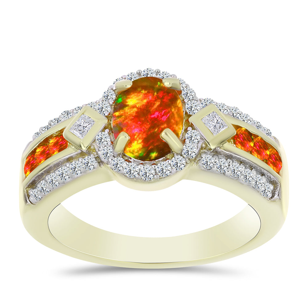 Pozlacené Stříbro 925/1000 - Prsten s Americkým Ohnivým Opálem a Bílým Topazem - Karátové číslo: 1.46. přibližná hmotnost: 5.32 gramů 3 