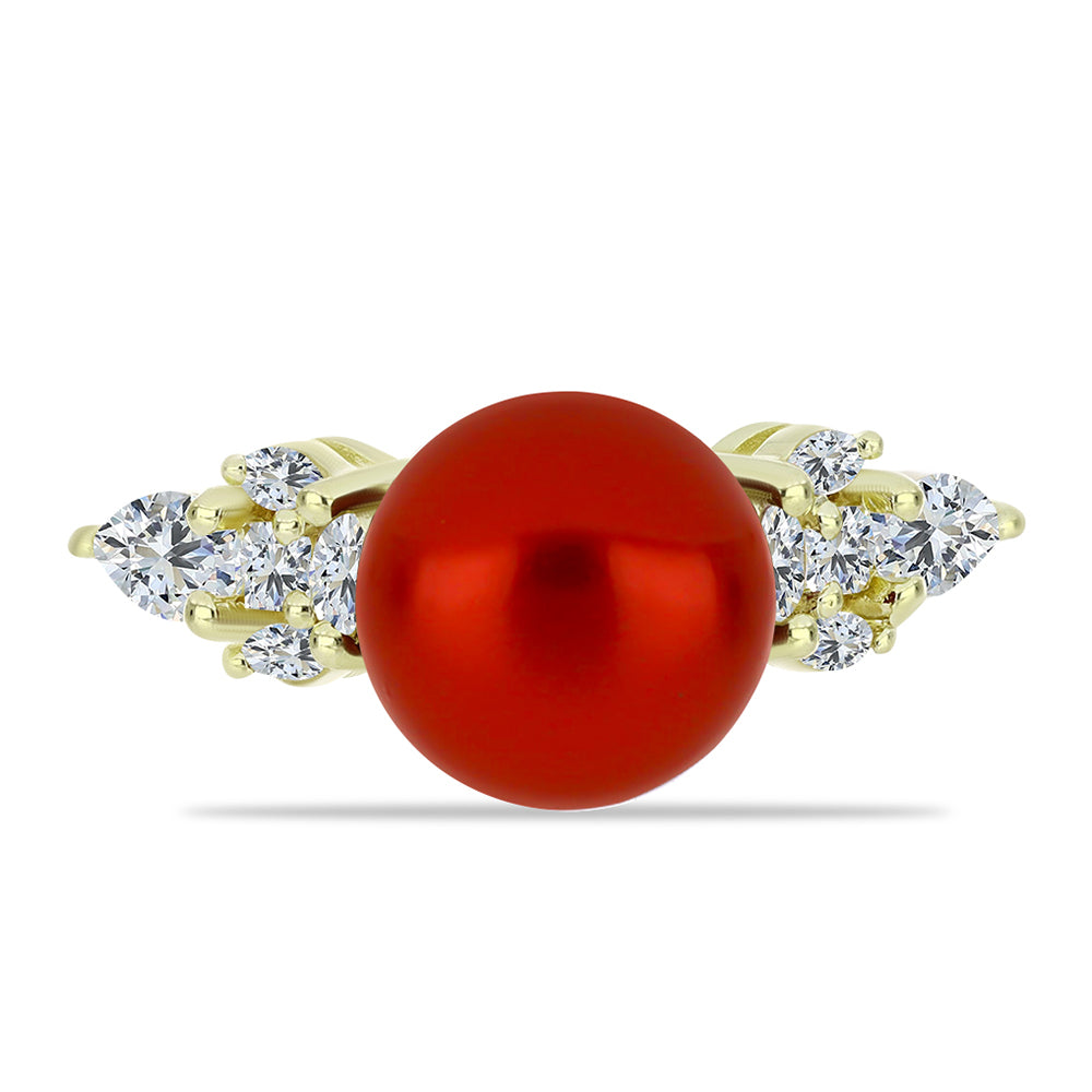 Pozlacené Stříbro 925/1000 - Prsten s Červená sladkovodní Perlou a Bílým Topazem - Karátové číslo: 5.02. přibližná hmotnost: 3.76 gramů 1 