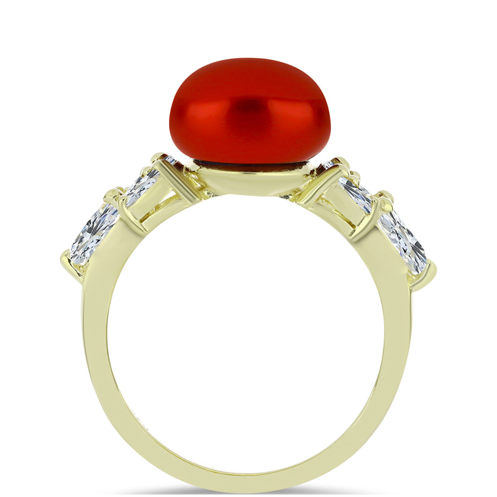 Pozlacené Stříbro 925/1000 - Prsten s Červená sladkovodní Perlou a Bílým Topazem - Karátové číslo: 5.02. přibližná hmotnost: 3.76 gramů 2 