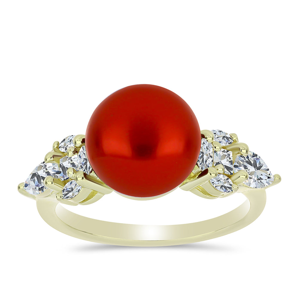 Pozlacené Stříbro 925/1000 - Prsten s Červená sladkovodní Perlou a Bílým Topazem - Karátové číslo: 5.02. přibližná hmotnost: 3.76 gramů