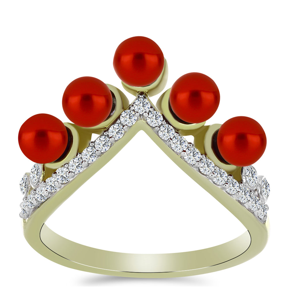 Pozlacené Stříbro 925/1000 - Prsten s Červená sladkovodní Perlou a Bílým Topazem - Karátové číslo: 2.42. přibližná hmotnost: 3.62 gramů