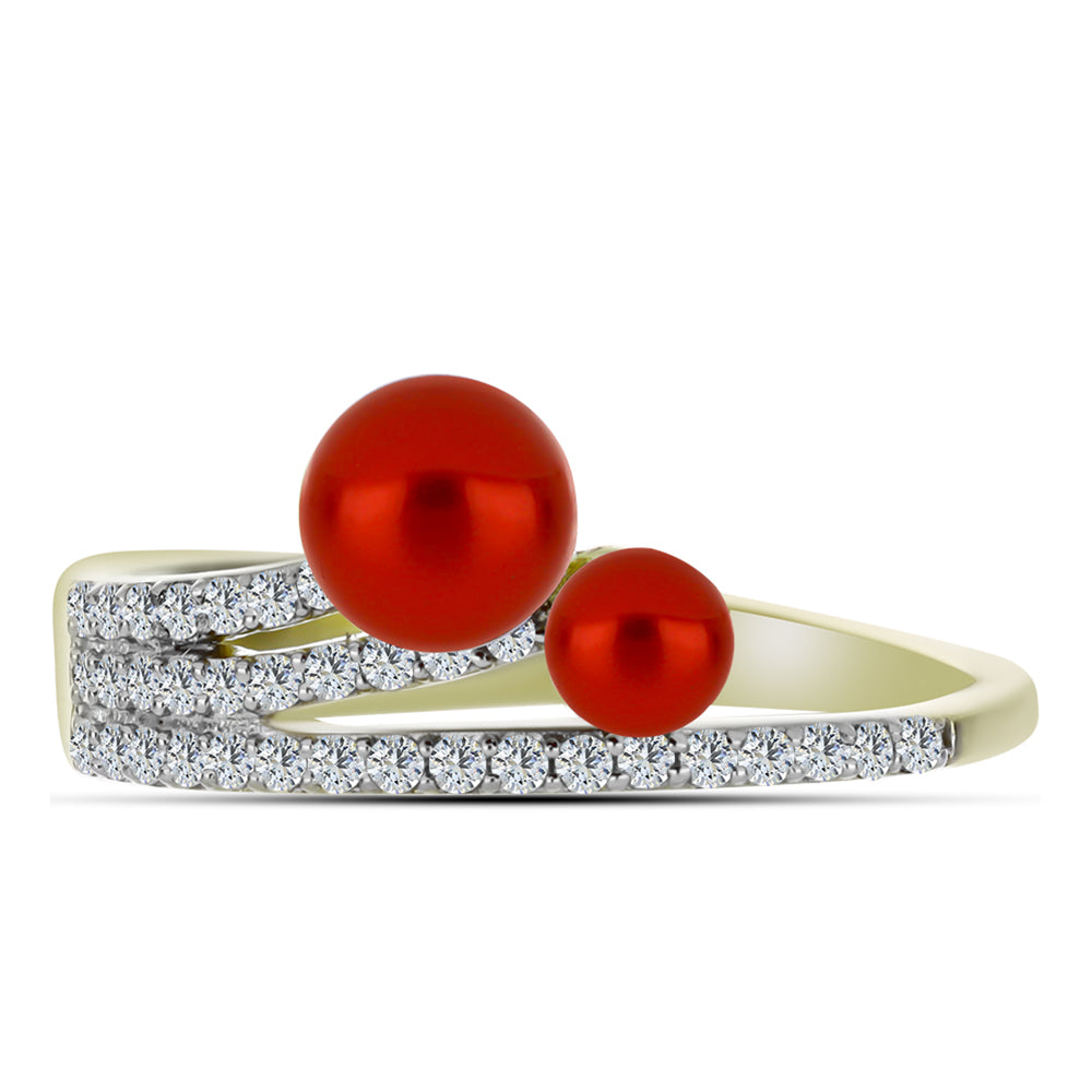 Pozlacené Stříbro 925/1000 - Prsten s Červená sladkovodní Perlou a Bílým Topazem - Karátové číslo: 1.87. přibližná hmotnost: 3 gramů 1 