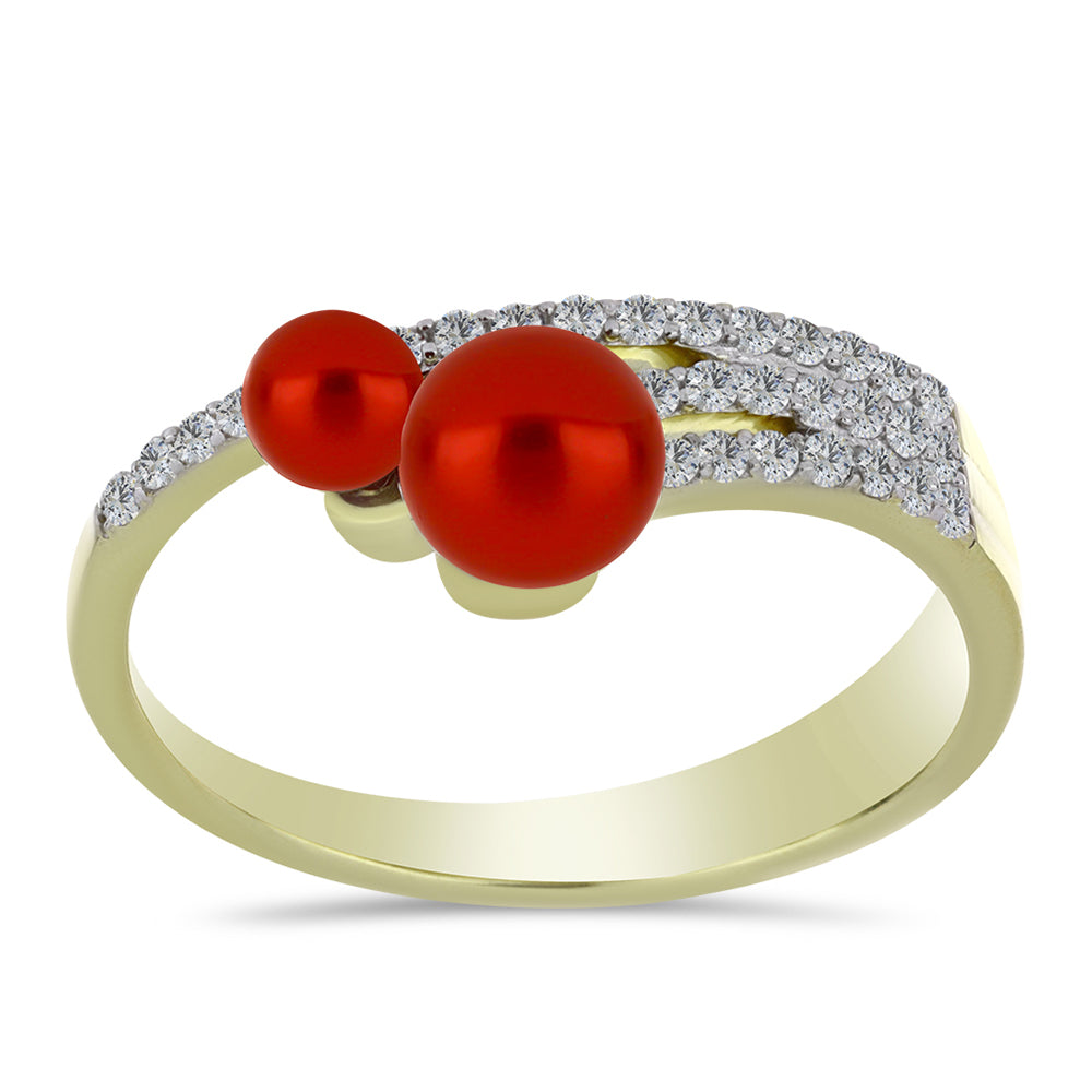 Pozlacené Stříbro 925/1000 - Prsten s Červená sladkovodní Perlou a Bílým Topazem - Karátové číslo: 1.87. přibližná hmotnost: 3 gramů 3 