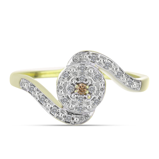 Pozlacené Stříbro 925/1000 - Prsten s Champagne Diamantem a Bílým Diamantem - Karátové číslo: 0.11. přibližná hmotnost: 2.36 gramů