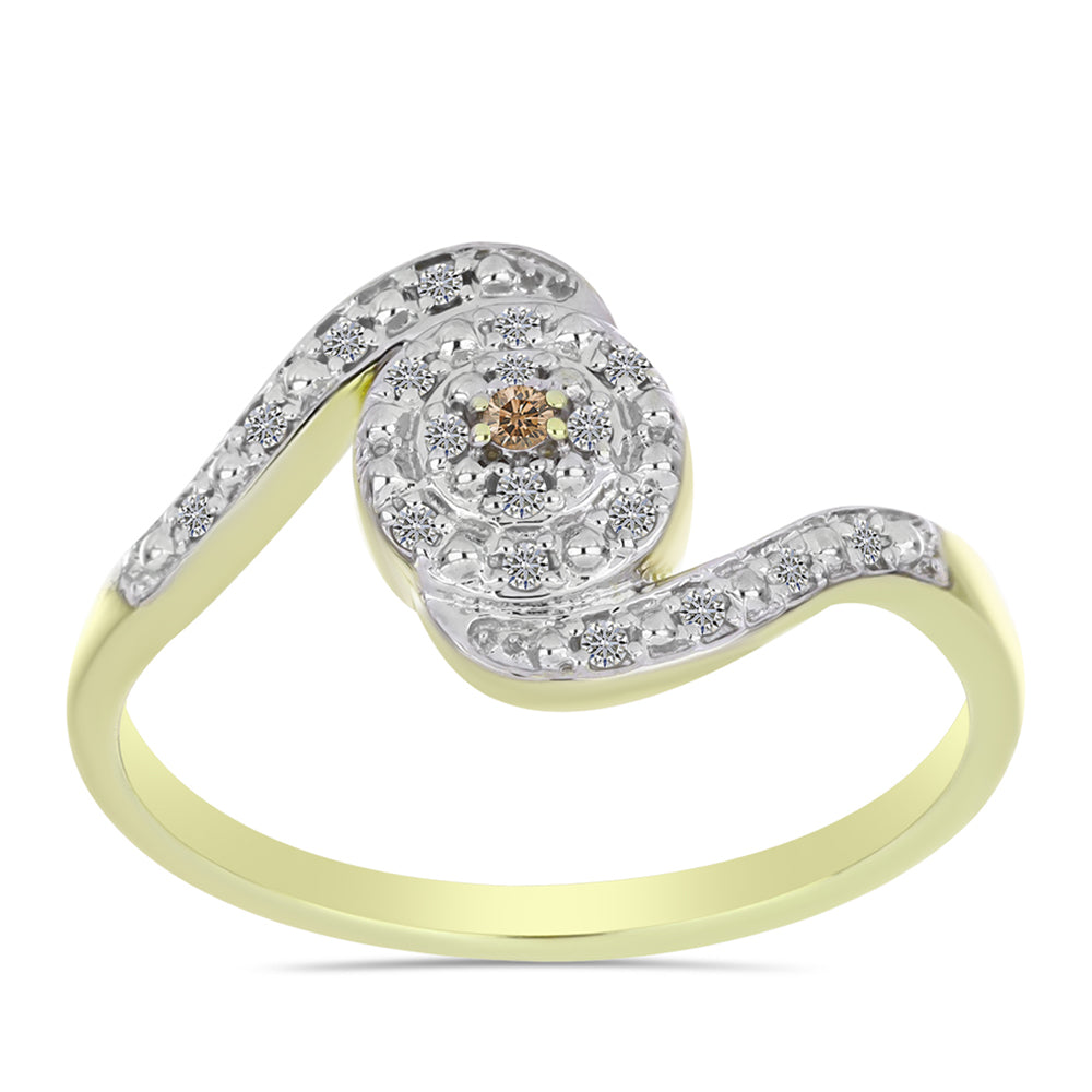 Pozlacené Stříbro 925/1000 - Prsten s Champagne Diamantem a Bílým Diamantem - Karátové číslo: 0.11. přibližná hmotnost: 2.36 gramů