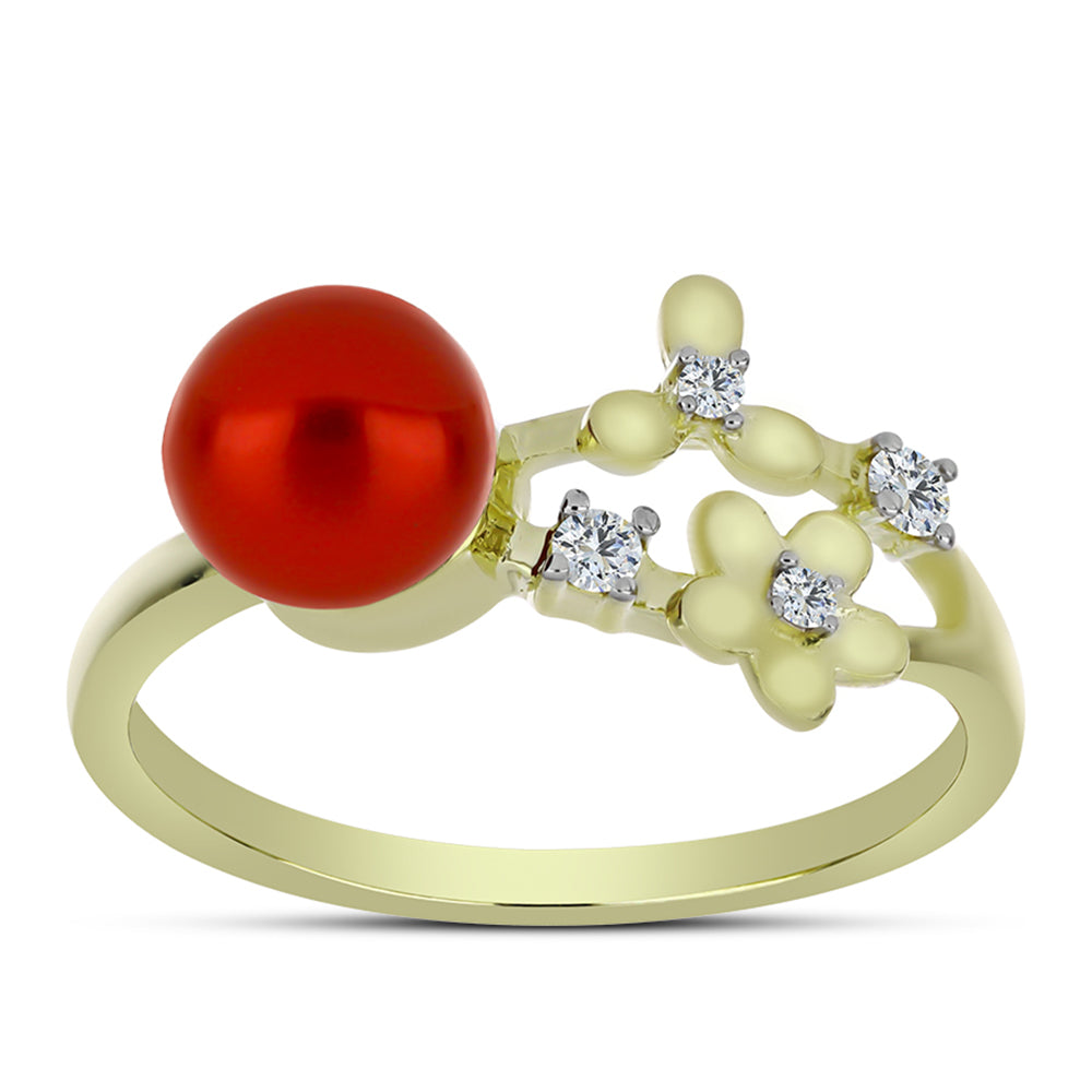 Pozlacené Stříbro 925/1000 - Prsten s Červená sladkovodní Perlou a Bílým Topazem - Karátové číslo: 2.38. přibližná hmotnost: 3.09 gramů 3 