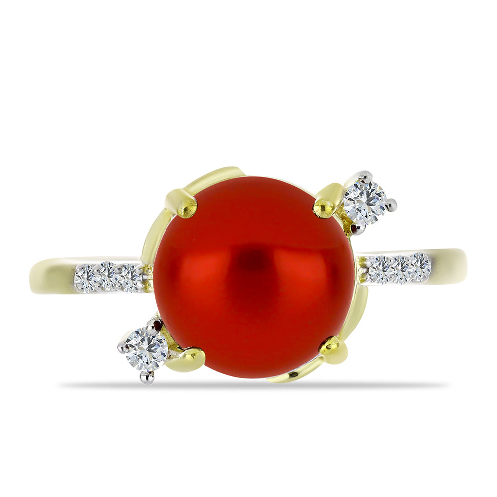 Pozlacené Stříbro 925/1000 - Prsten s Červená sladkovodní Perlou a Bílým Topazem - Karátové číslo: 4.39. přibližná hmotnost: 4.4 gramů 1 