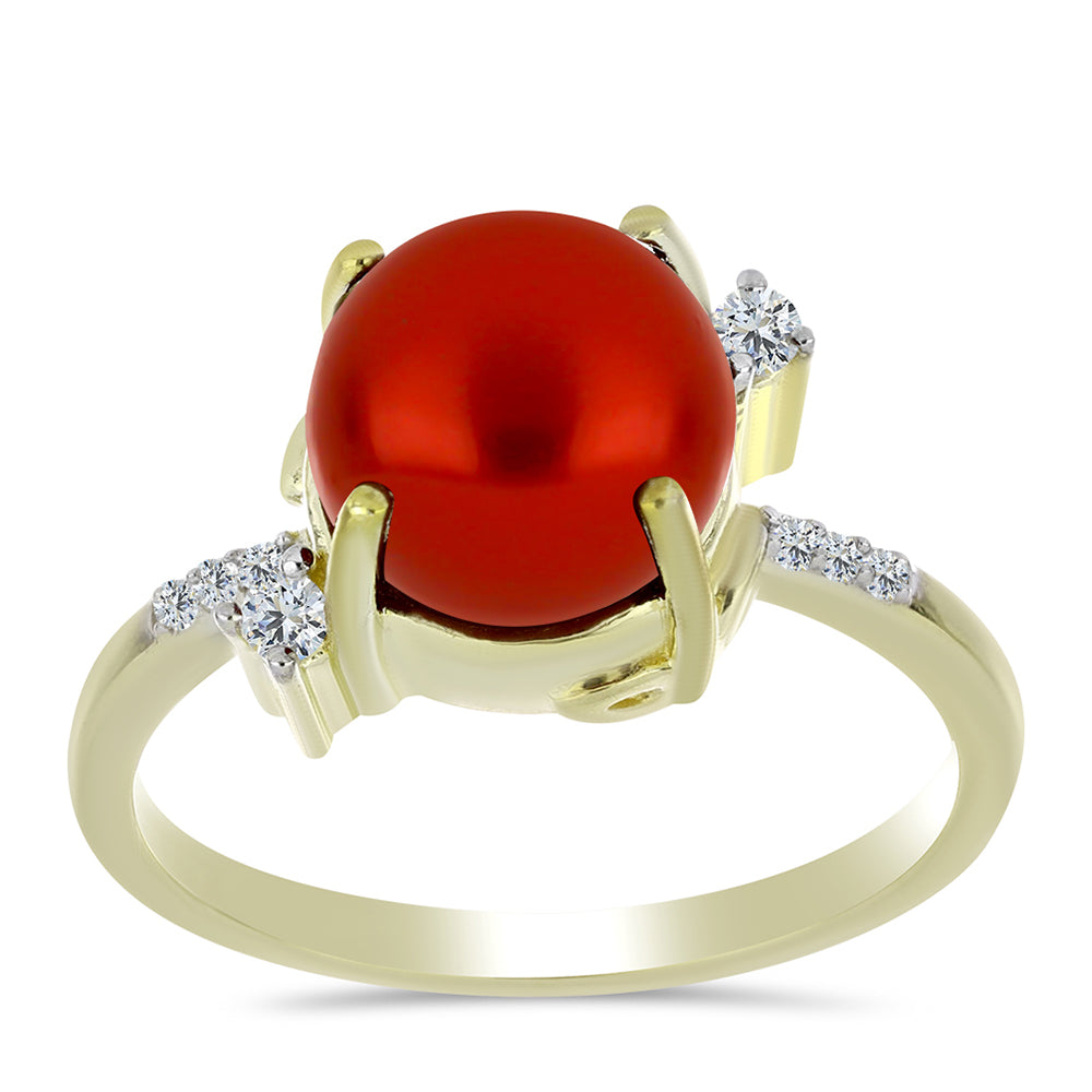 Pozlacené Stříbro 925/1000 - Prsten s Červená sladkovodní Perlou a Bílým Topazem - Karátové číslo: 4.39. přibližná hmotnost: 4.4 gramů