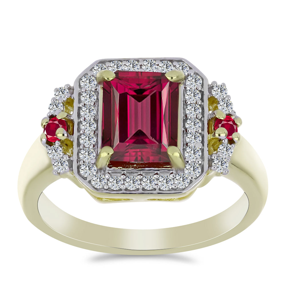 Pozlacené Stříbro 925/1000 - Prsten s Madagaskarským Rubínem a Bílým Topazem - Karátové číslo: 2.62. přibližná hmotnost: 4.6 gramů