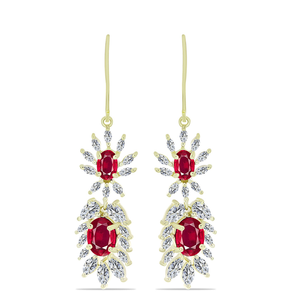 Pozlacené Stříbrné Náušnice s Madagaskarským Rubínem a Bílým Zirkonem