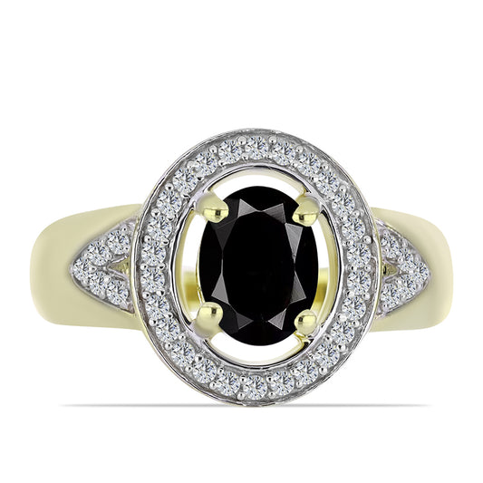 Pozlacený Stříbrný Prsten s Černým Suwarským Onyxem a Bílým Topazem