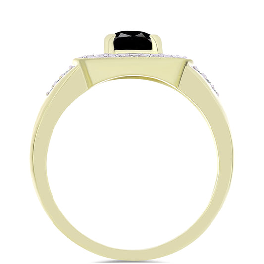 Pozlacený Stříbrný Prsten s Černým Suwarským Onyxem a Bílým Topazem