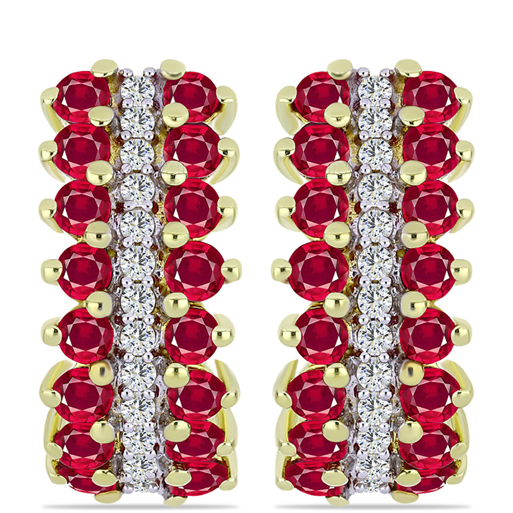 Pozlacené Stříbro 925/1000 - Náušnice s Madagaskarským Rubínem a Bílým Topazem - Karátové číslo: 2.05. přibližná hmotnost: 4.59 gramů