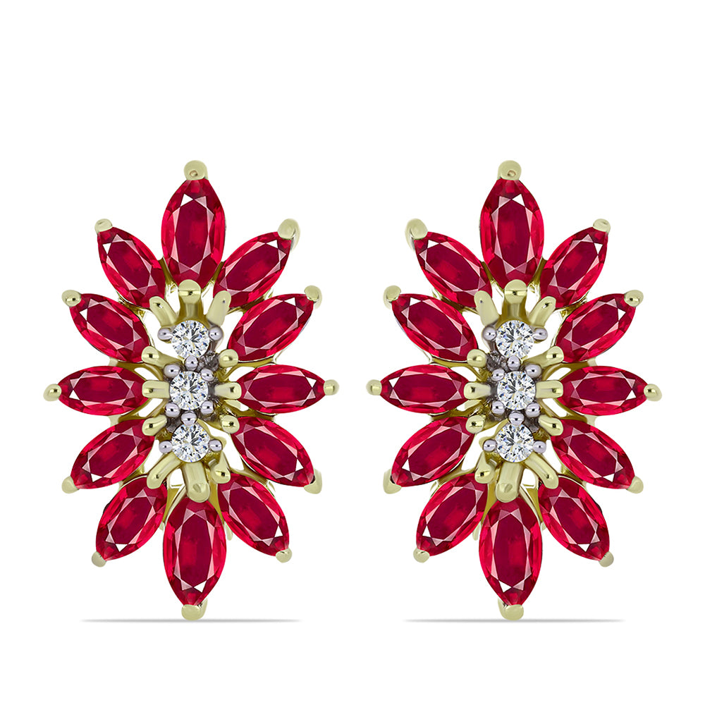 Pozlacené stříbro 925/1000 Náušnice s Madagaskarským Rubínem a Bílým Topazem - Karátové číslo: 3.11. přibližná hmotnost: 4.81 gramů