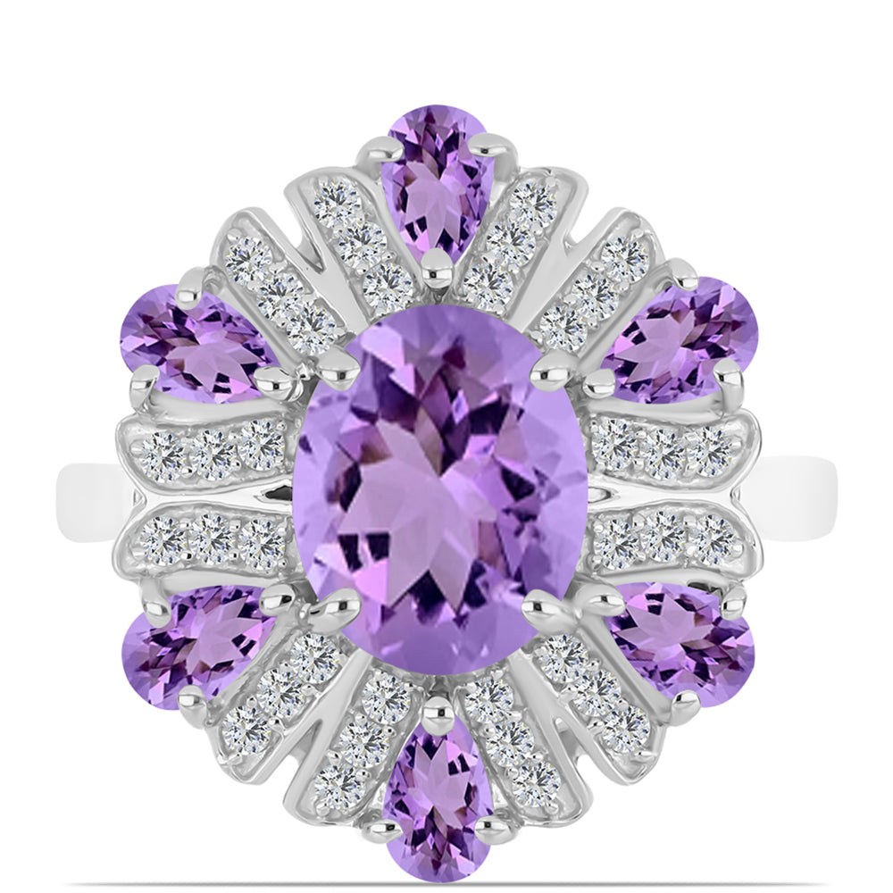 Stříbro 925/1000 - Prsten s Rose de France Ametystem a Bílým Topazem - Karátové číslo: 3.91. přibližná hmotnost: 5.26 gramů 1 