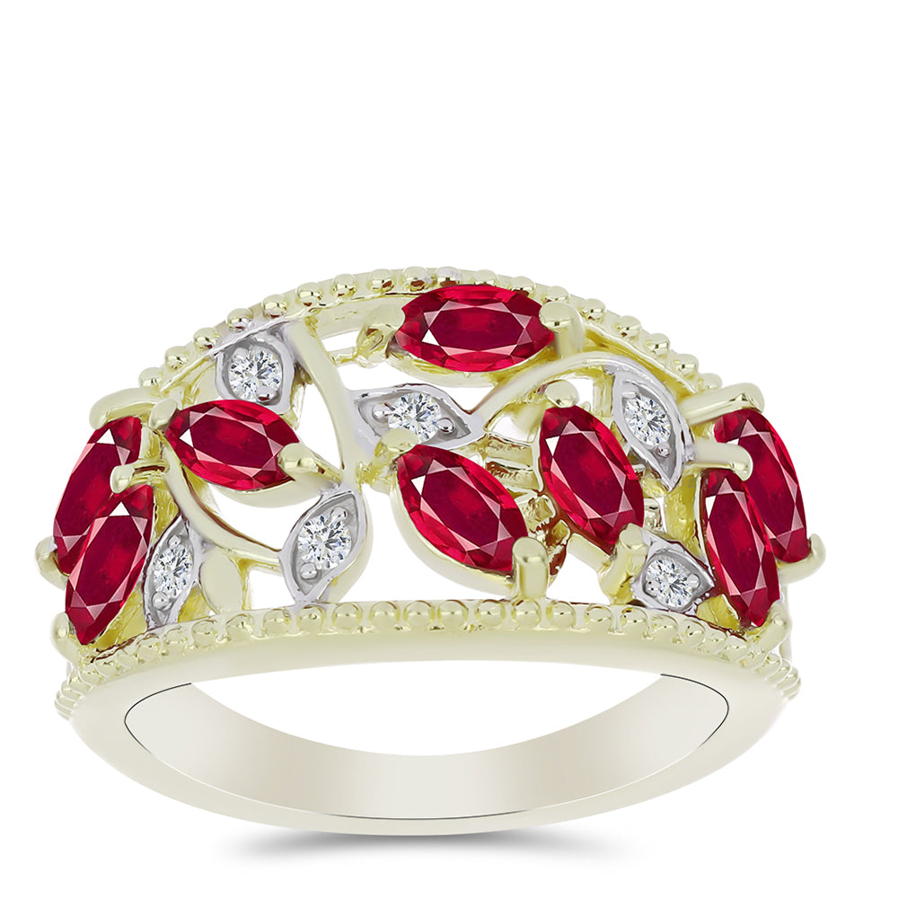 Pozlacené Stříbro 925/1000 - Prsten s Madagaskarským Rubínem a Bílým Topazem - Karátové číslo: 1.93. přibližná hmotnost: 5.18 gramů