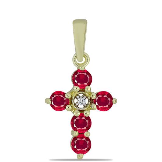 Kříž Pozlacený Stříbrný Přívěsek s Madagaskarským Rubínem a Bílým Topazem