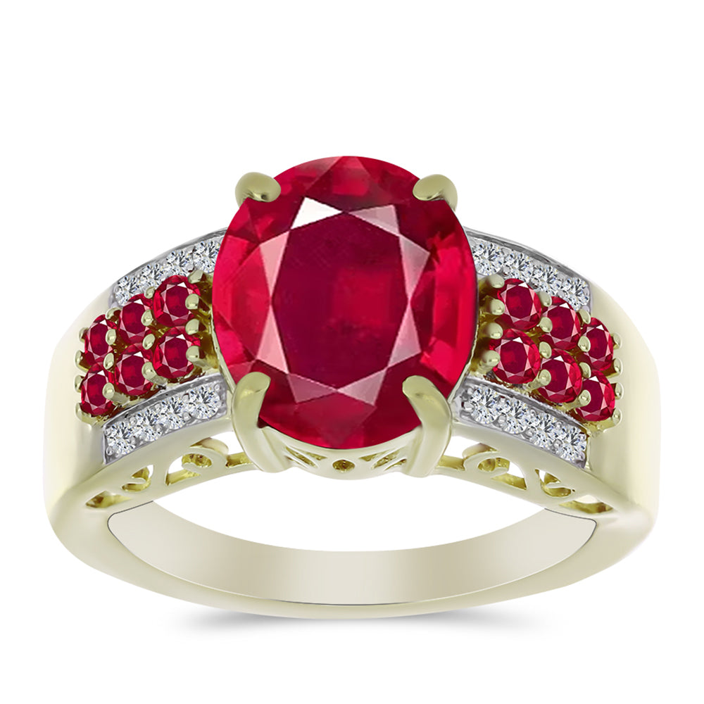 Pozlacené Stříbro 925/1000 - Prsten s Madagaskarským Rubínem a Bílým Topazem - Karátové číslo: 7.17. přibližná hmotnost: 6.61 gramů