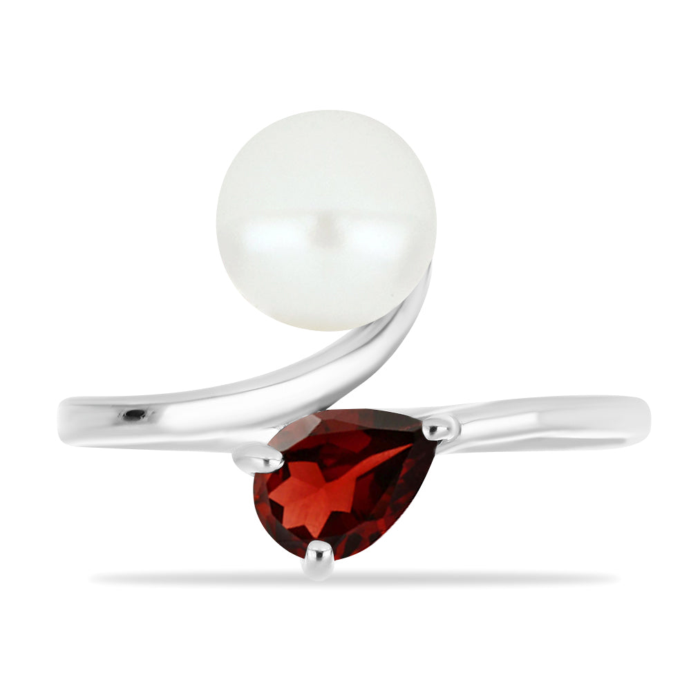 Stříbro 925/1000 - Prsten s Bartonským Granátem a Bílou Sladkovodní Perlou - Karátové číslo: 3.53. přibližná hmotnost: 3.54 gramů