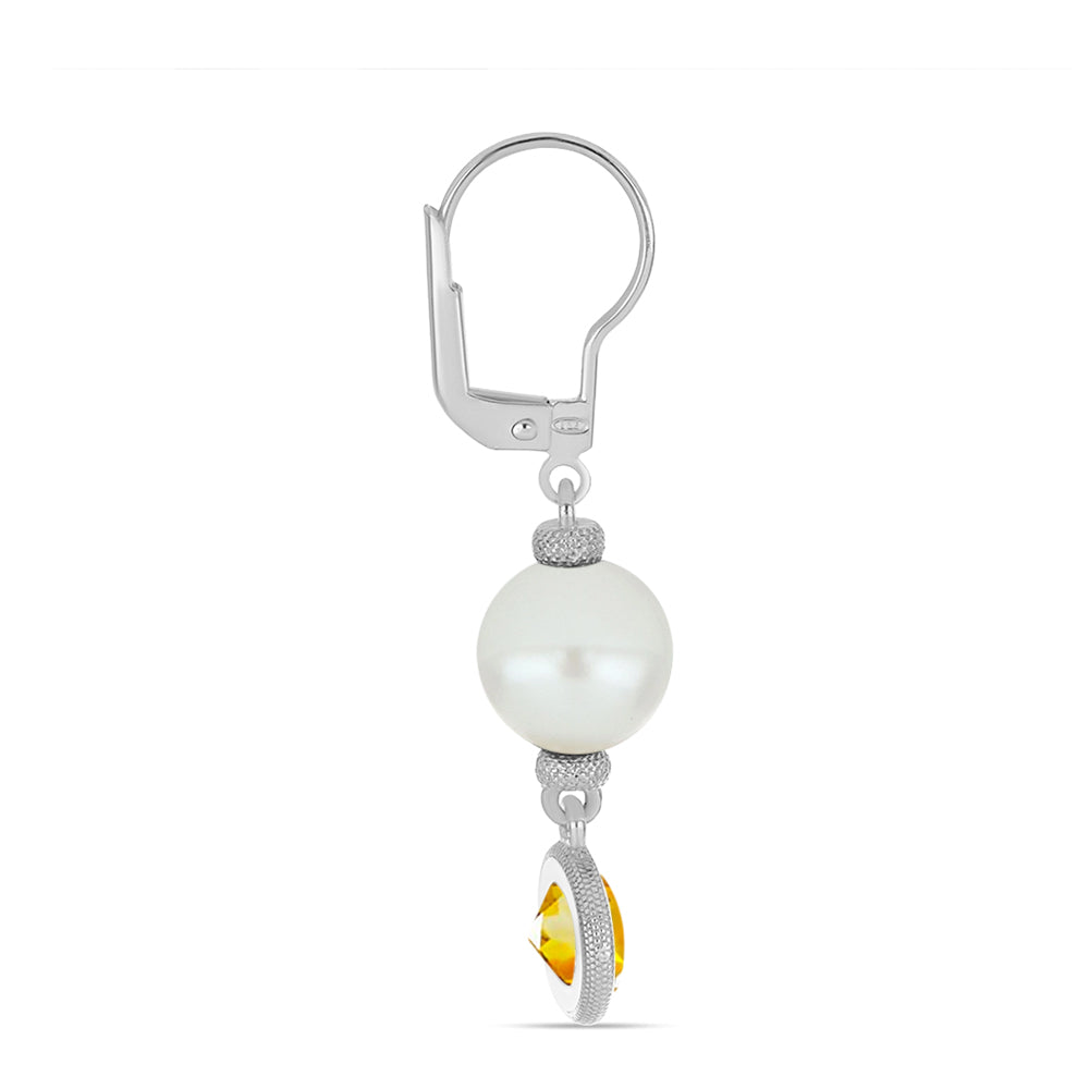 Stříbro 925/1000 - Náušnice s Uralským Citrínem a Bílou Sladkovodní Perlou - Karátové číslo: 9.68. přibližná hmotnost: 4.2 gramů