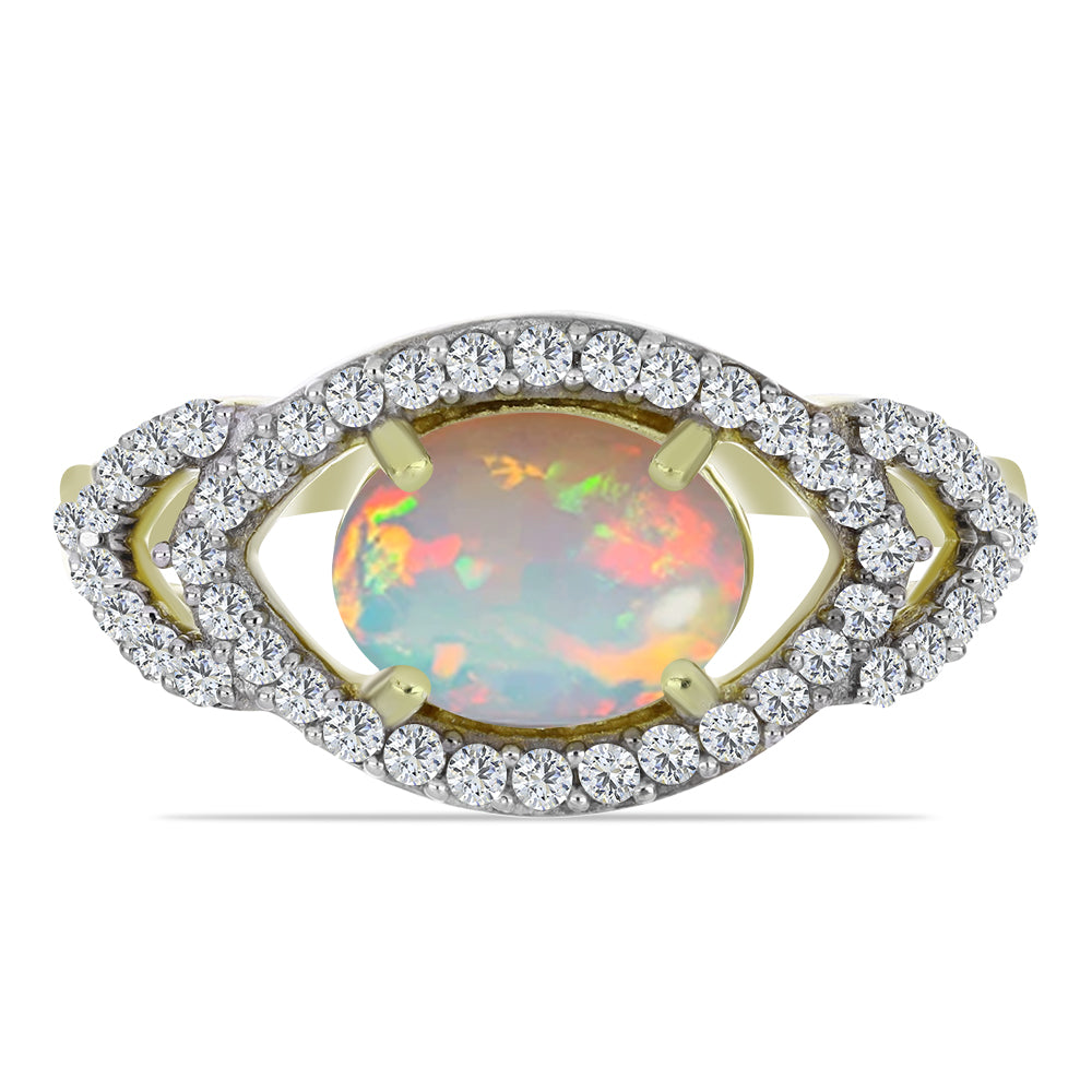 Pozlacené Stříbro 925/1000 - Prsten s Etiopským Opálem z Lega Dembi a Bílým Topazem - Karátové číslo: 1.69. přibližná hmotnost: 3.27 gramů