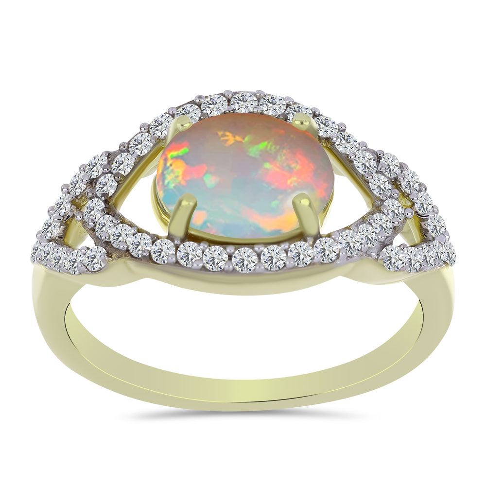 Pozlacené Stříbro 925/1000 - Prsten s Etiopským Opálem z Lega Dembi a Bílým Topazem - Karátové číslo: 1.69. přibližná hmotnost: 3.27 gramů 1 