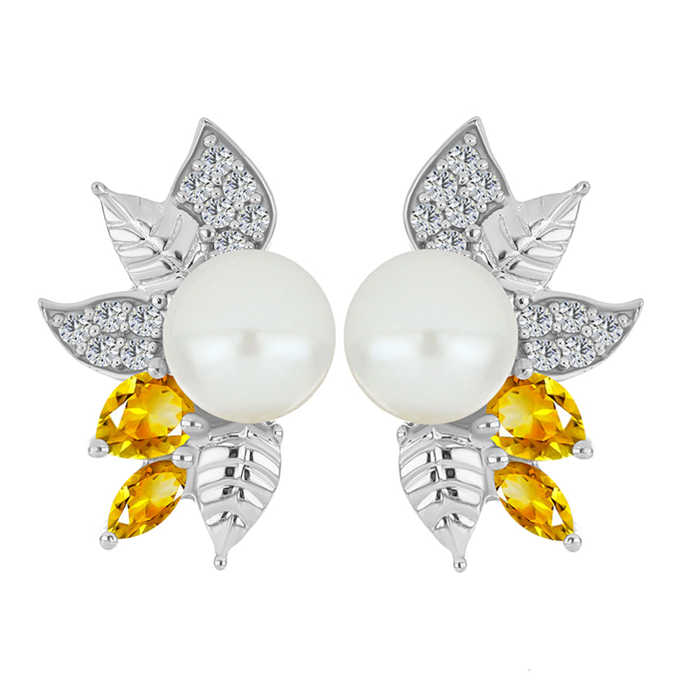 Stříbro 925/1000 - Náušnice s Uralským Citrínem a Bílou Sladkovodní Perlou - Karátové číslo: 6.89. přibližná hmotnost: 7.41 gramů 1 