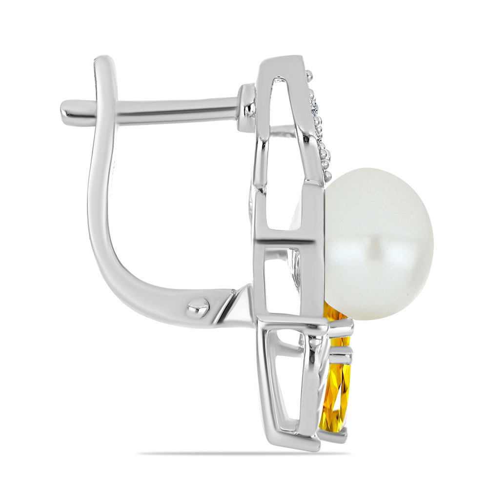 Stříbro 925/1000 - Náušnice s Uralským Citrínem a Bílou Sladkovodní Perlou - Karátové číslo: 6.89. přibližná hmotnost: 7.41 gramů