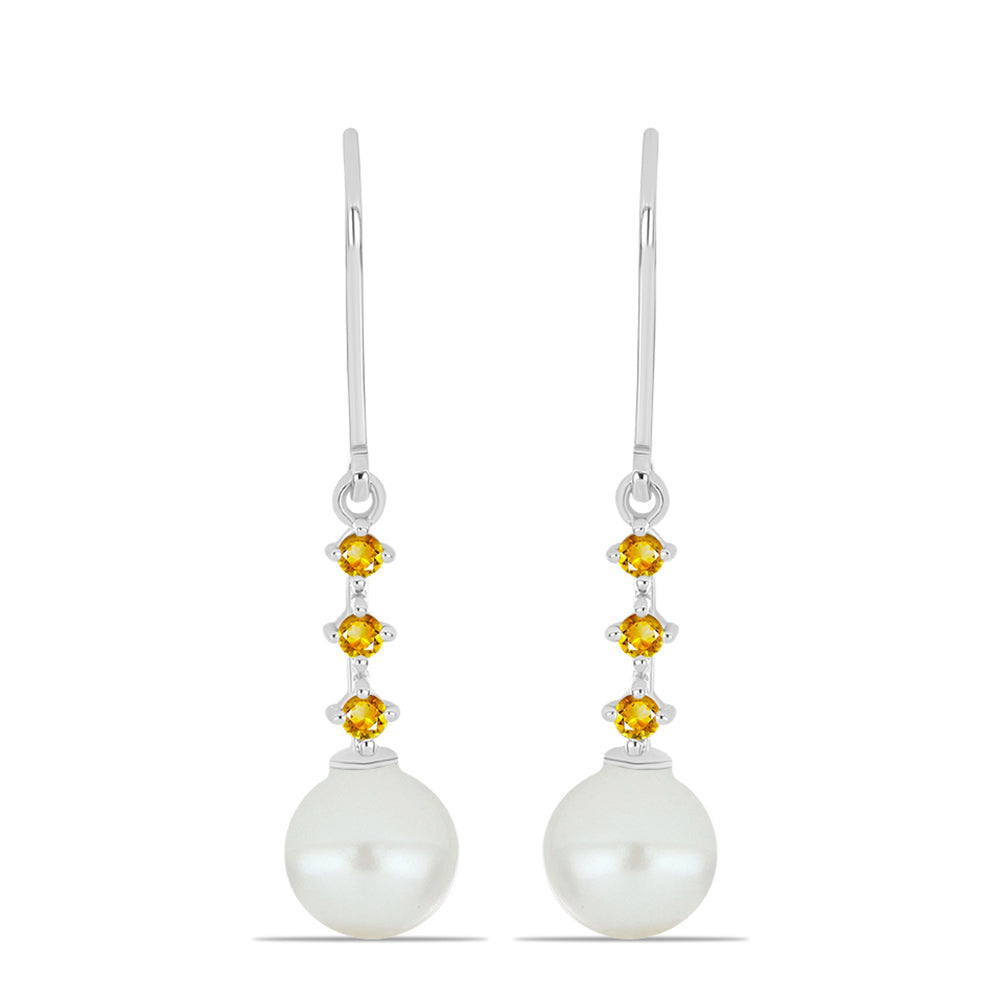 Stříbro 925/1000 - Náušnice s Uralským Citrínem a Bílou Sladkovodní Perlou - Karátové číslo: 6.27. přibližná hmotnost: 2.8 gramů 1 
