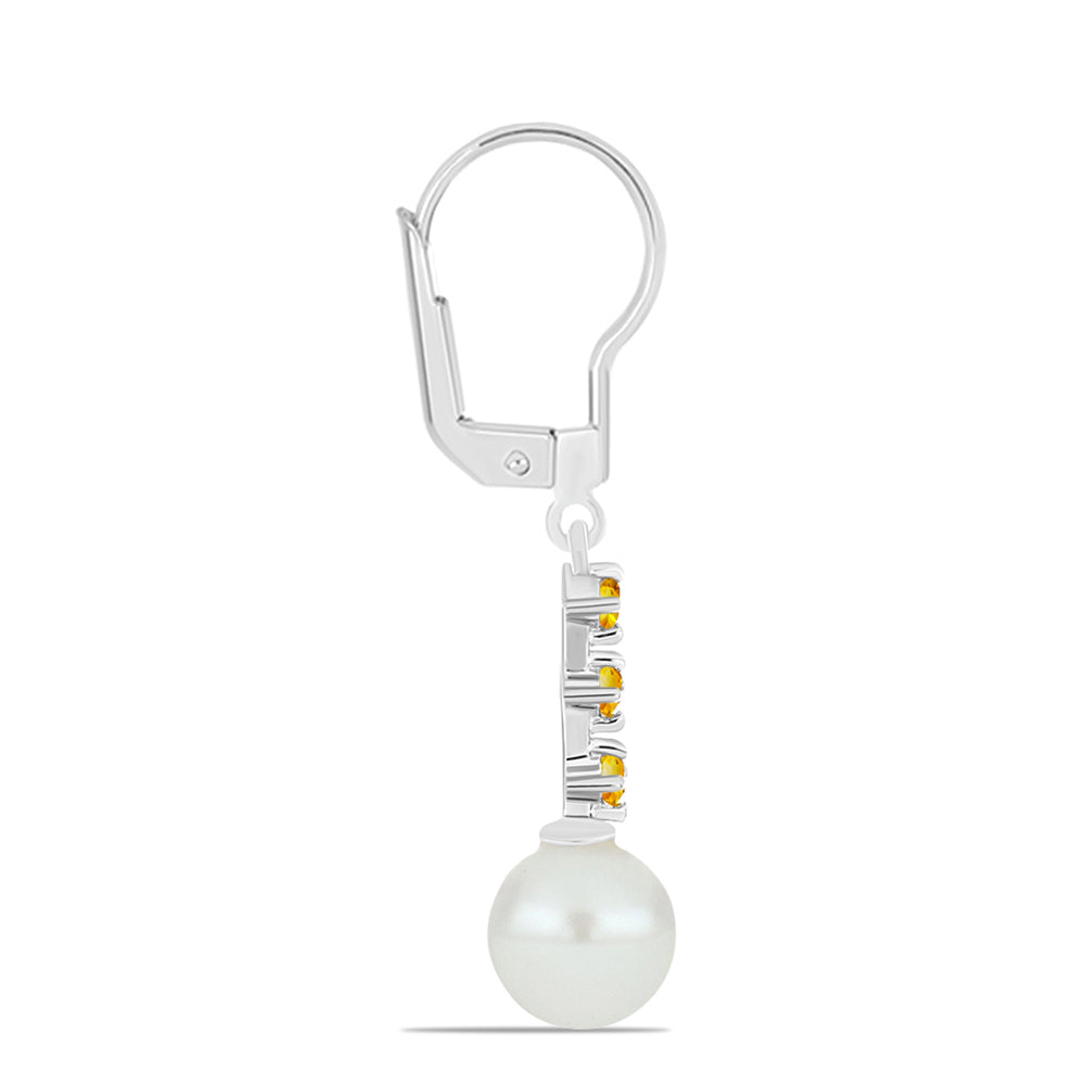 Stříbro 925/1000 - Náušnice s Uralským Citrínem a Bílou Sladkovodní Perlou - Karátové číslo: 6.27. přibližná hmotnost: 2.8 gramů 2 