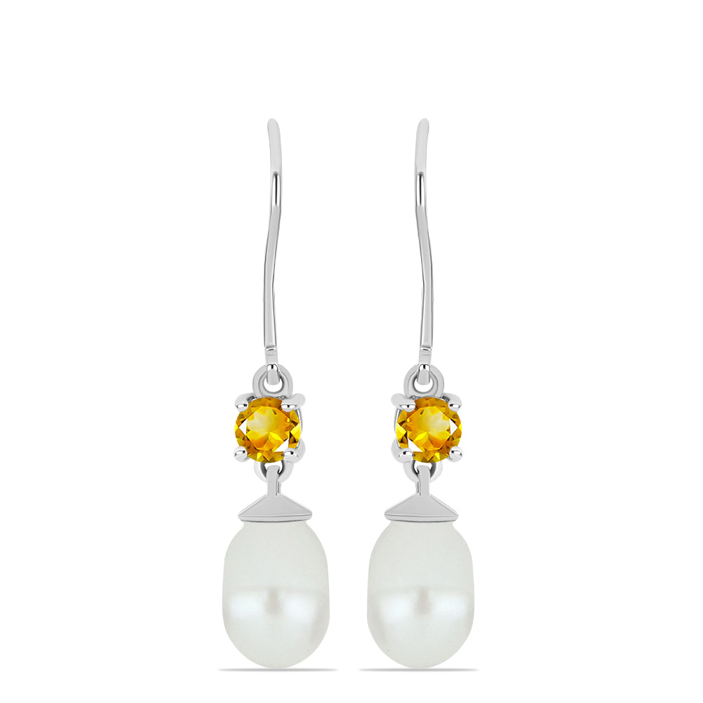 Stříbro 925/1000 - Náušnice s Uralským Citrínem a Bílou Sladkovodní Perlou - Karátové číslo: 7.88. přibližná hmotnost: 3.25 gramů