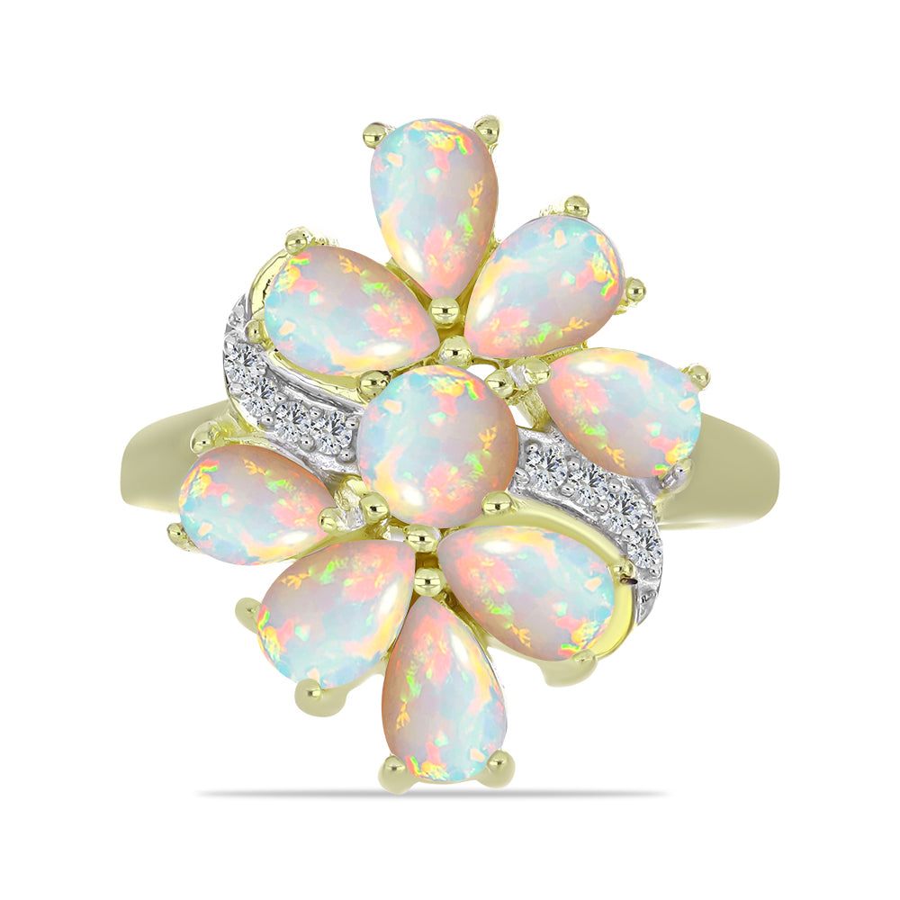 Pozlacené Stříbro 925/1000 - Prsten s Etiopským Opálem z Lega Dembi a Bílým Topazem - Karátové číslo: 2.61. přibližná hmotnost: 5.39 gramů