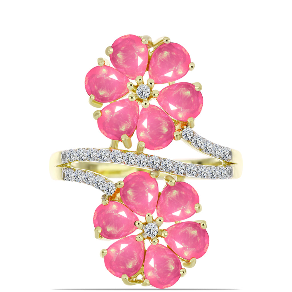 Pozlacené stříbro 925/1000 Prsten s Růžovým Etiopským Opálem z Lega Dembi a Bílým Topazem - Karátové číslo: 2.51. přibližná hmotnost: 5 gramů