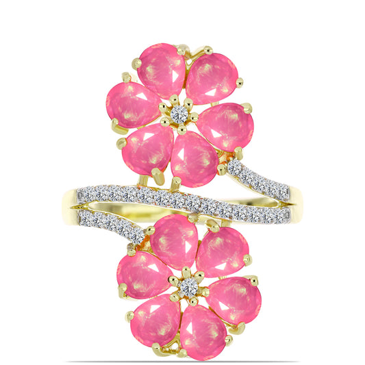 Pozlacené stříbro 925/1000 Prsten s Růžovým Etiopským Opálem z Lega Dembi a Bílým Topazem - Karátové číslo: 2.51. přibližná hmotnost: 5 gramů