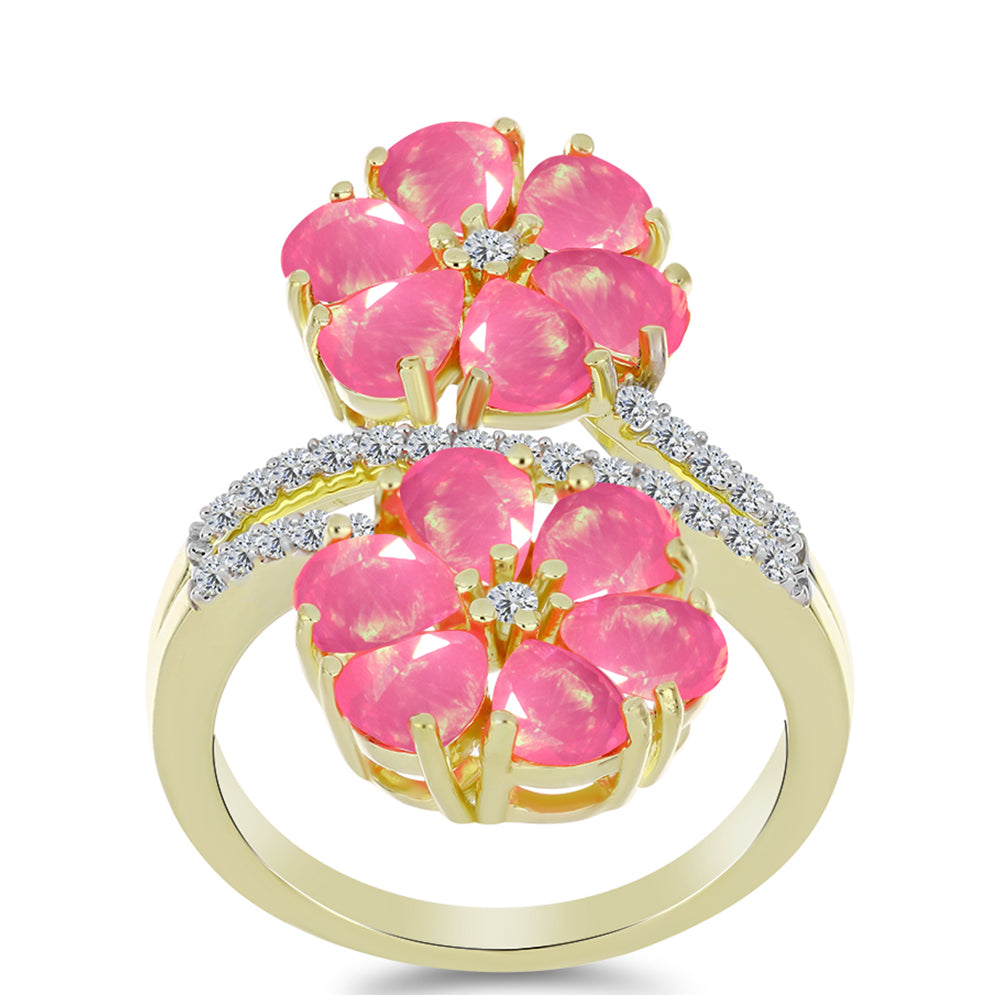 Pozlacené stříbro 925/1000 Prsten s Růžovým Etiopským Opálem z Lega Dembi a Bílým Topazem - Karátové číslo: 2.51. přibližná hmotnost: 5 gramů