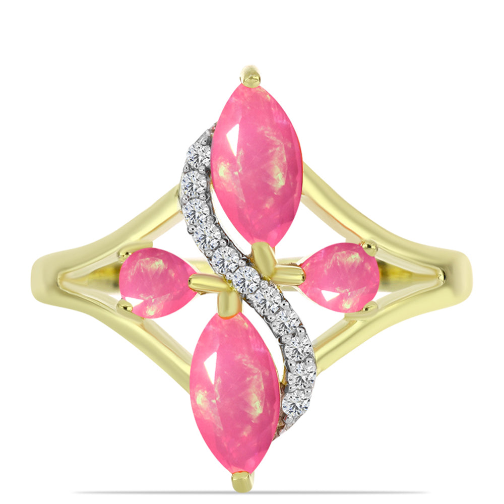 Pozlacené Stříbro 925/1000 - Prsten s Růžovým Etiopským Opálem z Lega Dembi a Bílým Topazem - Karátové číslo: 0.91. přibližná hmotnost: 2.86 gramů 1 